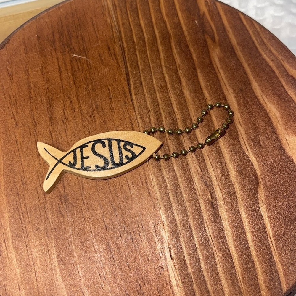 wooden jesus fish keychain wood Christian religious